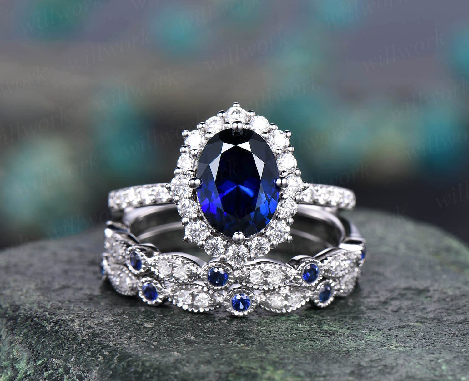 Sapphire and diamond engagement 2024 ring and wedding band