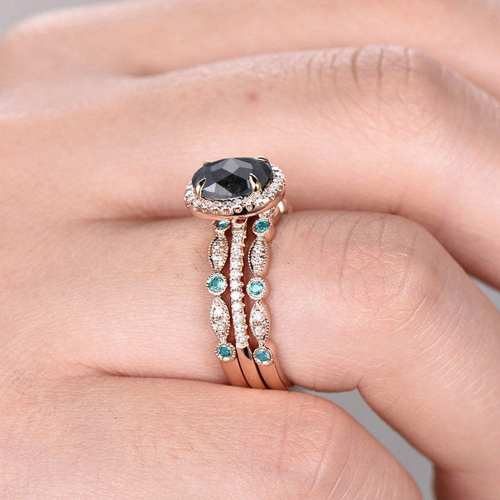 Vintage Unique oval cut salt and pepper diamond engagement ring set halo diamond art deco bridal wedding ring set for women