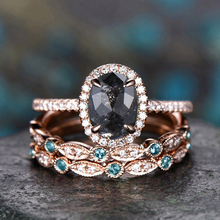 Vintage Unique oval cut salt and pepper diamond engagement ring set halo diamond art deco bridal wedding ring set for women