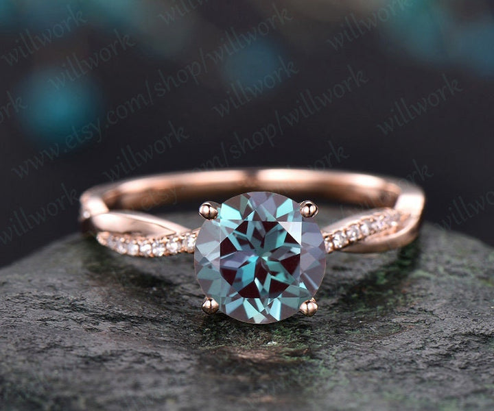 7mm round cut Alexandrite engagement ring solid 14k rose gold twisted real diamond ring Alexandrite ring vintage bridal wedding promise ring