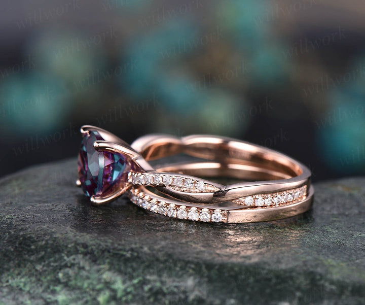 2pcs diamond ring Alexandrite engagement ring set rose gold twisted 3/4 eternity Alexandrite ring vintage wedding bridal set unique jewelry