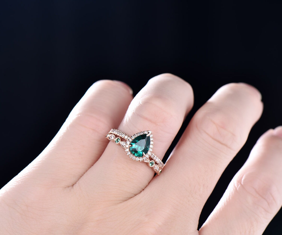 Green emerald engagement ring set white gold natural emerald wedding diamond halo ring bridal set pear gift stacking matching promise ring