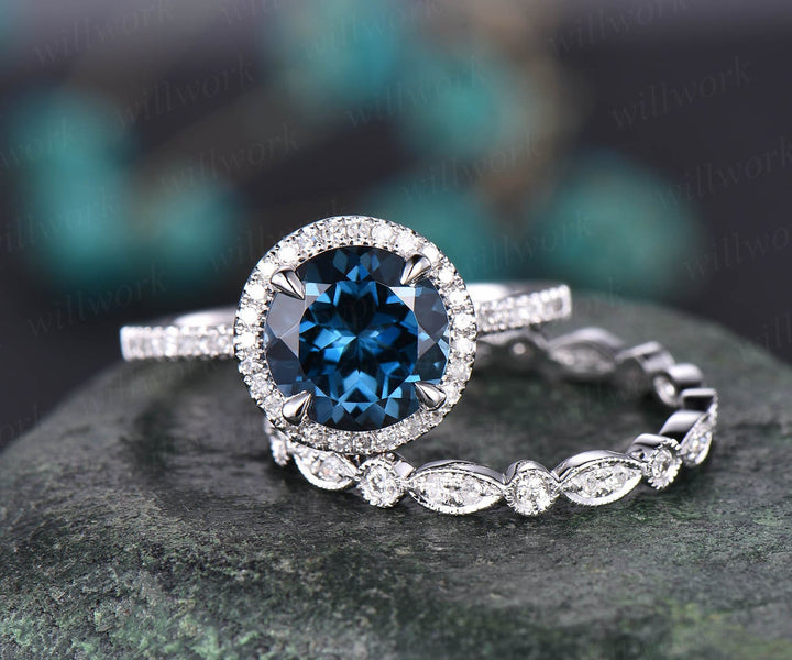 London blue topaz engagement ring set solid 14k rose gold diamond halo ring art deco full eternity matching wedding ring band 2pcs jewelry