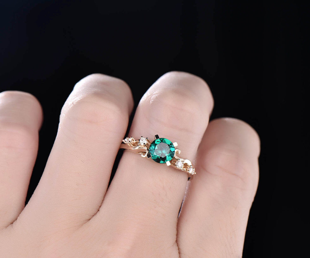 Emerald ring vintage 2cps emerald engagement ring set 14k rose gold diamond ring unique gift natural emerald wedding band anniversary ring