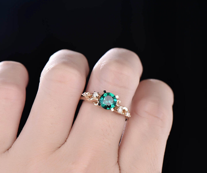 Emerald ring vintage 2cps emerald engagement ring set 14k rose gold diamond ring unique gift natural emerald wedding band anniversary ring