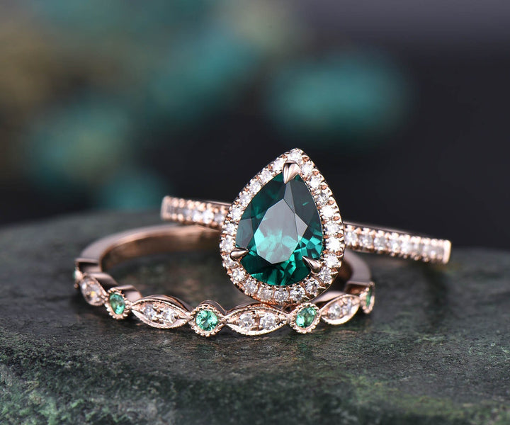 Green emerald engagement ring set white gold natural emerald wedding diamond halo ring bridal set pear gift stacking matching promise ring