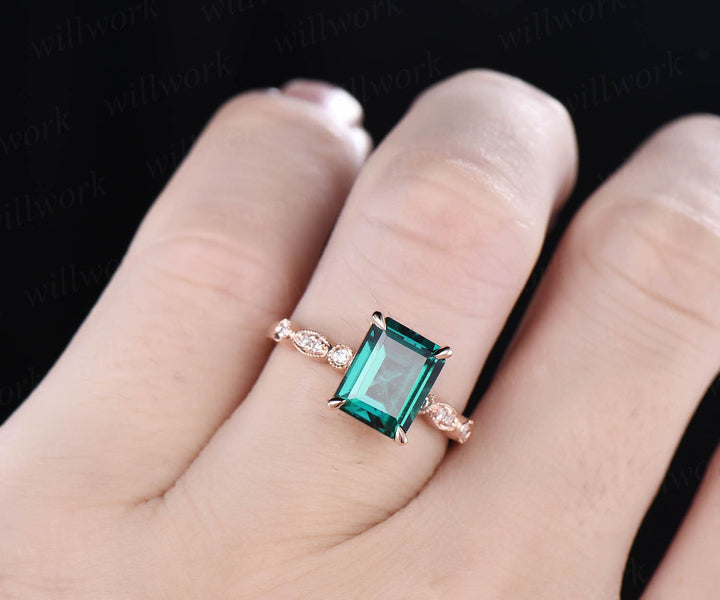 Emerald cut emerald engagement ring 14k yellow gold real diamond ring art deco emerald ring gold vintage wedding women promise ring jewelry