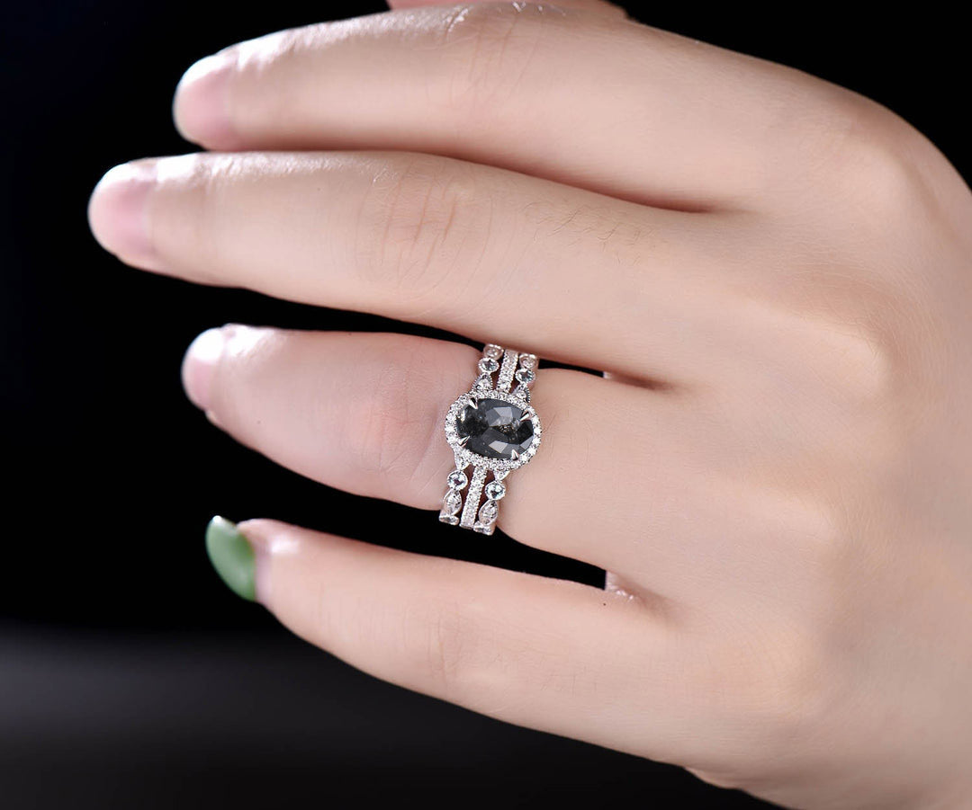 Vintage Unique oval cut salt and pepper diamond engagement ring set halo diamond art deco bridal wedding ring set for women