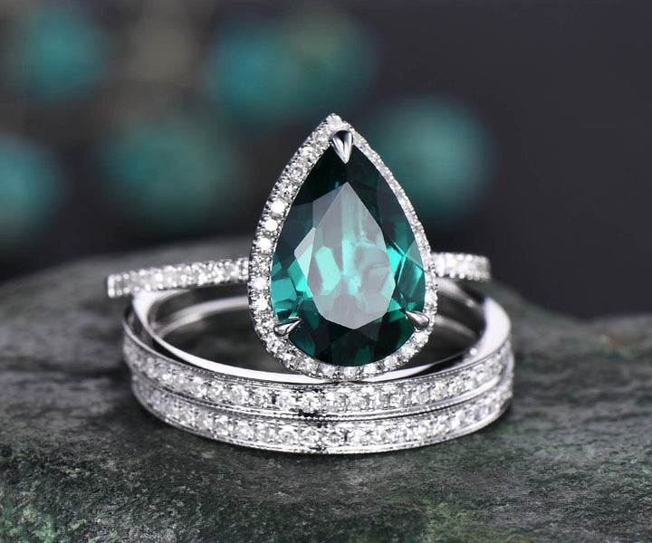 8x12mm pear emerald engagement ring set vintage 14k rose gold ring set diamond halo ring unique bridal ring set wedding promise ring set