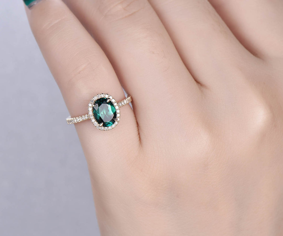 Emerald engagement ring 14k rose gold emerald ring vintage real diamond ring unique halo may birthstone anniversary wedding ring