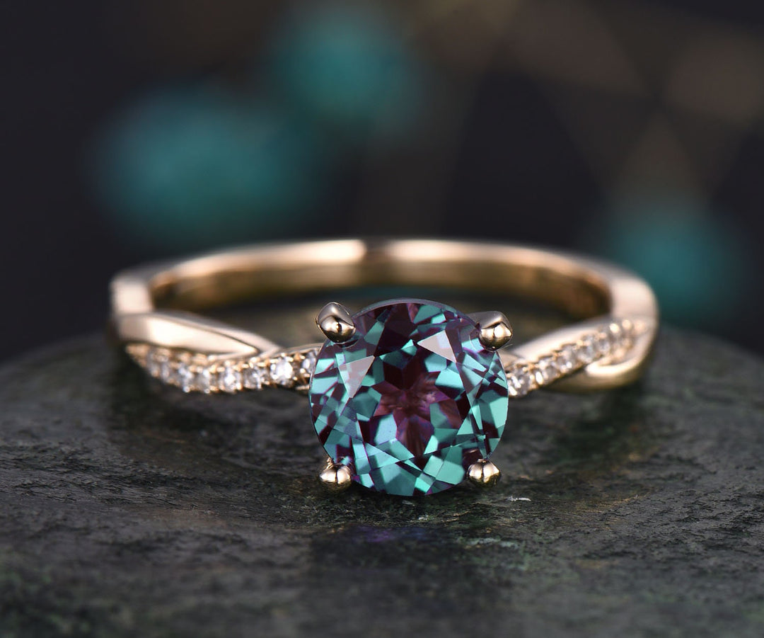 7mm round cut Alexandrite engagement ring solid 14k rose gold twisted real diamond ring Alexandrite ring vintage bridal wedding promise ring