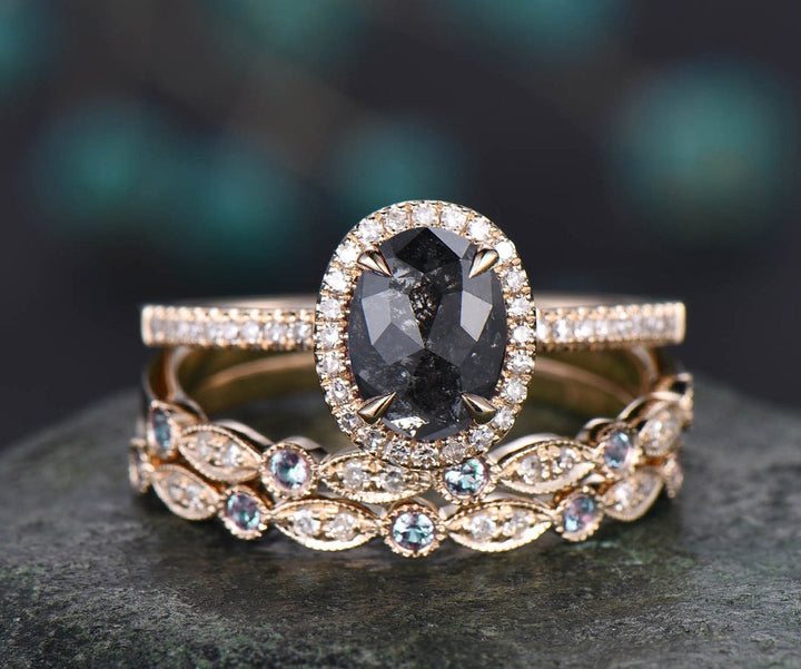 Vintage Unique oval cut salt and pepper diamond engagement ring set halo diamond art deco bridal wedding ring set for women