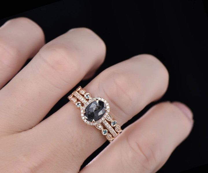 Vintage Unique oval cut salt and pepper diamond engagement ring set halo diamond art deco bridal wedding ring set for women