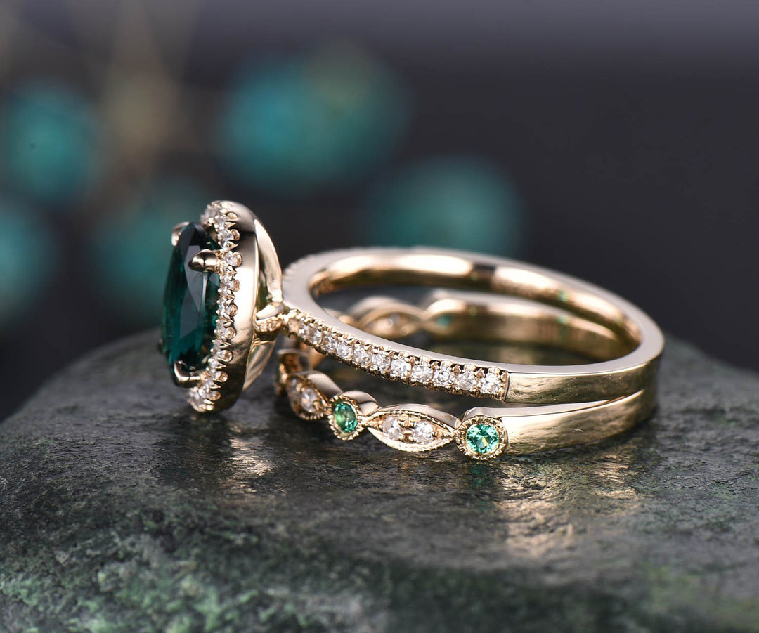 Emerald ring for women halo Milgrain art deco vintage emerald engagement ring set rose gold diamond ring set unique wedding ring set gift