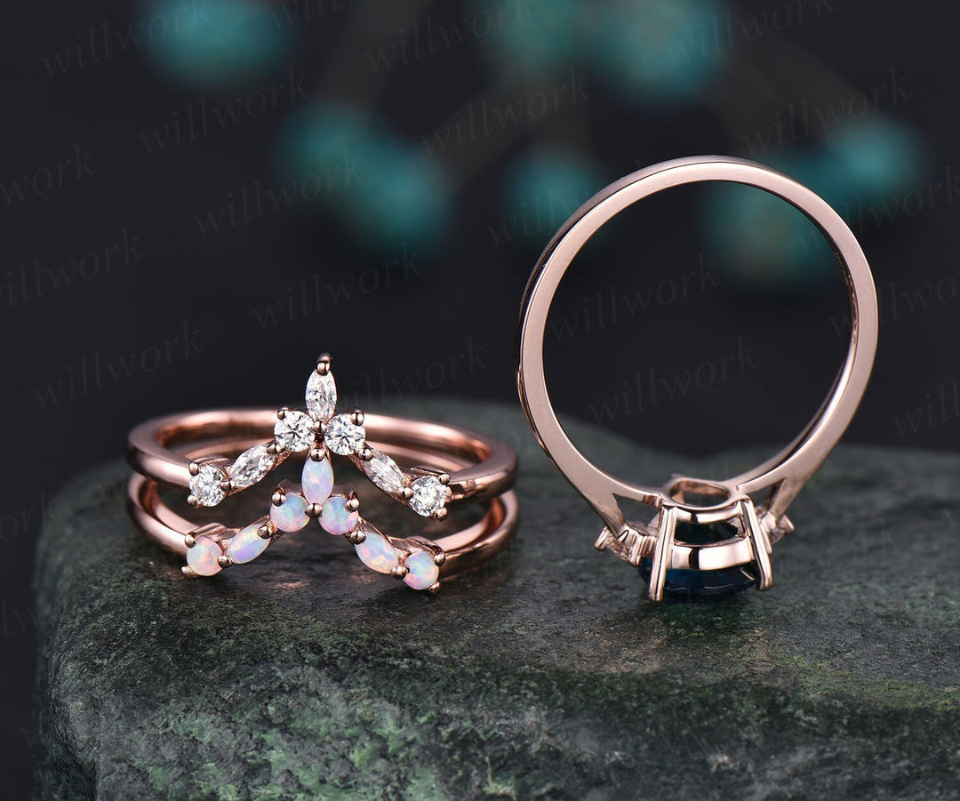 Curved marquise moissanite opal wedding ring vintage unique three stone 3pcs pear London blue topaz engagement ring set 14k rose gold ring