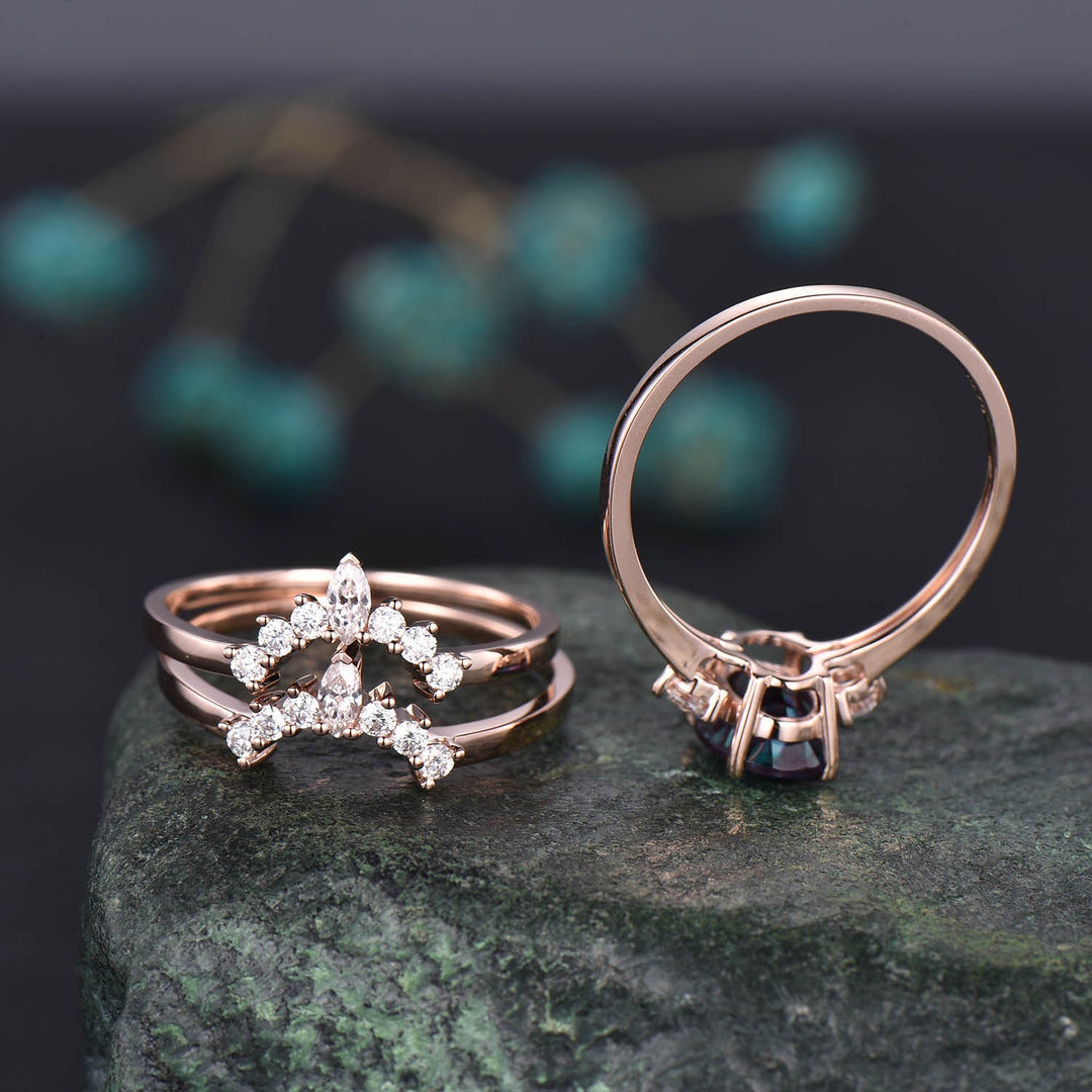 3pcs oval Alexandrite engagement ring set 14k rose gold vintage Alexandrite rings for women marquise moissanite three stone ring bridal set