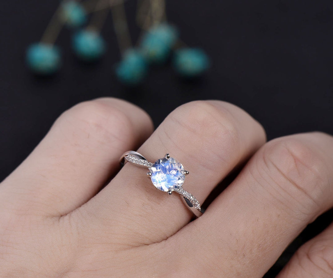 Vintage unique engagement ring round rainbow moonstone engagement ring 14k white gold twisted real diamond ring birthday anniversary gift