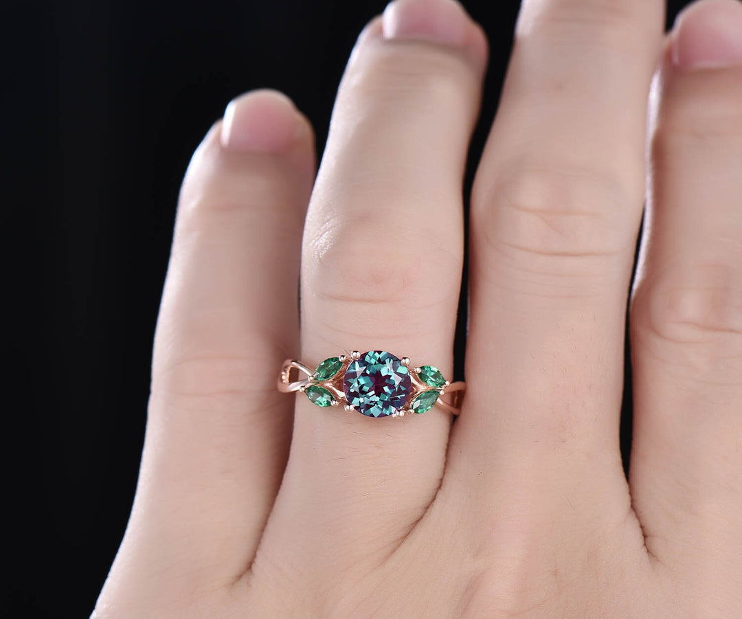 Color change Alexandrite engagement ring rose gold marquise emerald ring vintage Alexandrite ring for women Alexandrite jewelry bridal ring