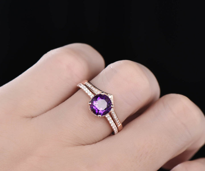 Purple amethyst engagement ring set rose gold under halo moissanite 2pc stacking matching crown unique wedding bridal promise ring set gift