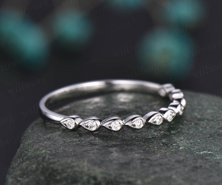 Unique vintage teardrop ring half diamond wedding band 14k white gold ring stacking matching ring anniversary birthday graduation gift