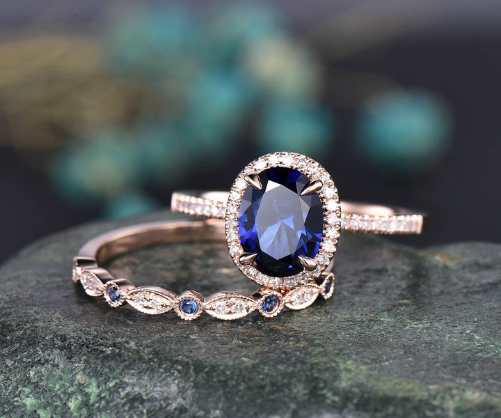 Rose gold ring set 2pcs 7x9 oval blue sapphire engagement ring set diamond bridal set natural sapphire wedding ring band sapphire jewelry