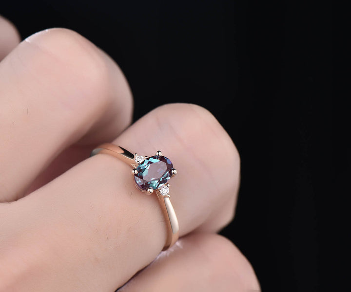 Oval cut Alexandrite engagement ring rose gold three stone engagement ring real diamond ring Alexandrite ring gold vintage gift for her