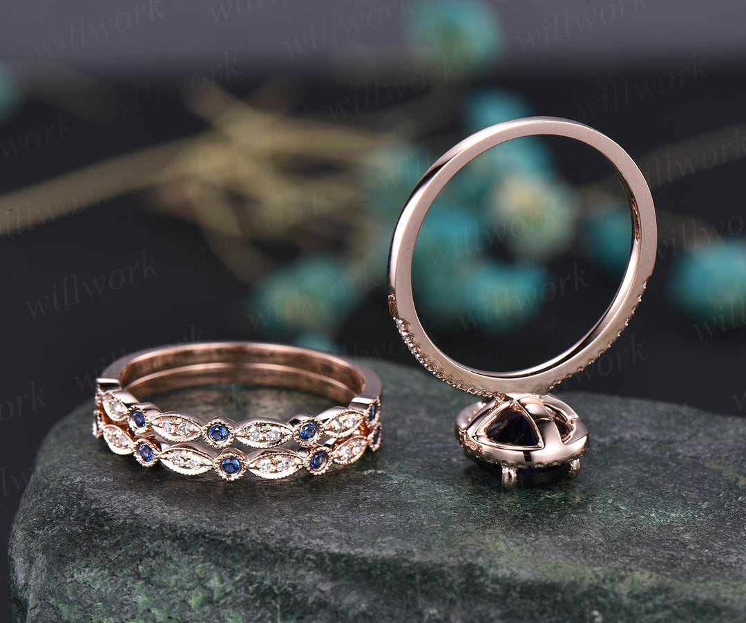 Oval 7x9mm sapphire ring set vintage sapphire engagement ring set diamond natural sapphire ring set white gold September birthstone ring