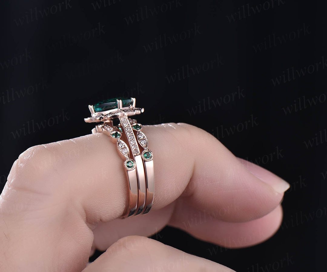 Unique vintage flower halo diamond engagement ring set 3pcs emerald engagement ring set solid 14k rose gold natural emerald wedding band