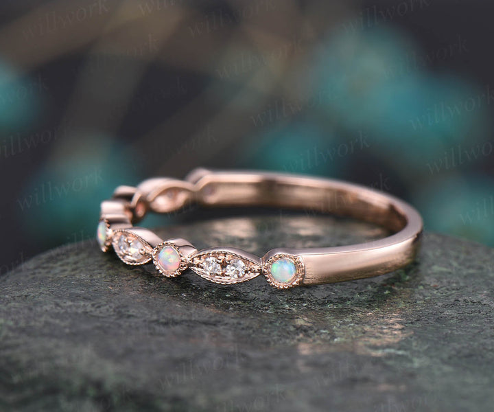 Vintage opal ring opal wedding band 14k rose gold art deco diamond wedding ring band half eternity stacking ring October birthstone ring
