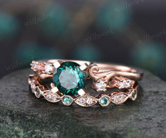 Emerald ring vintage 2cps emerald engagement ring set 14k rose gold diamond ring unique gift natural emerald wedding band anniversary ring