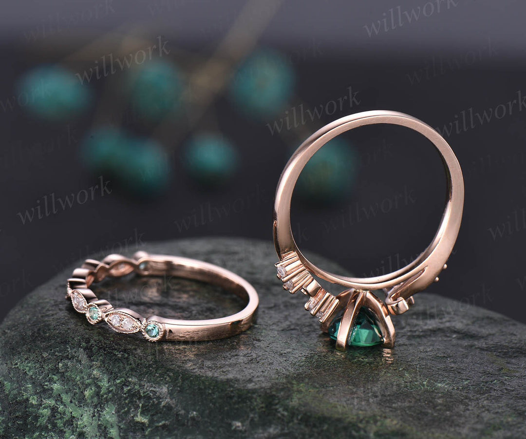 Emerald ring vintage 2cps emerald engagement ring set 14k rose gold diamond ring unique gift natural emerald wedding band anniversary ring