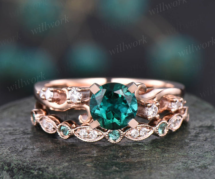 Emerald ring vintage 2cps emerald engagement ring set 14k rose gold diamond ring unique gift natural emerald wedding band anniversary ring