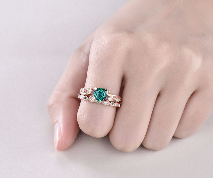 Emerald ring vintage 2cps emerald engagement ring set 14k rose gold diamond ring unique gift natural emerald wedding band anniversary ring