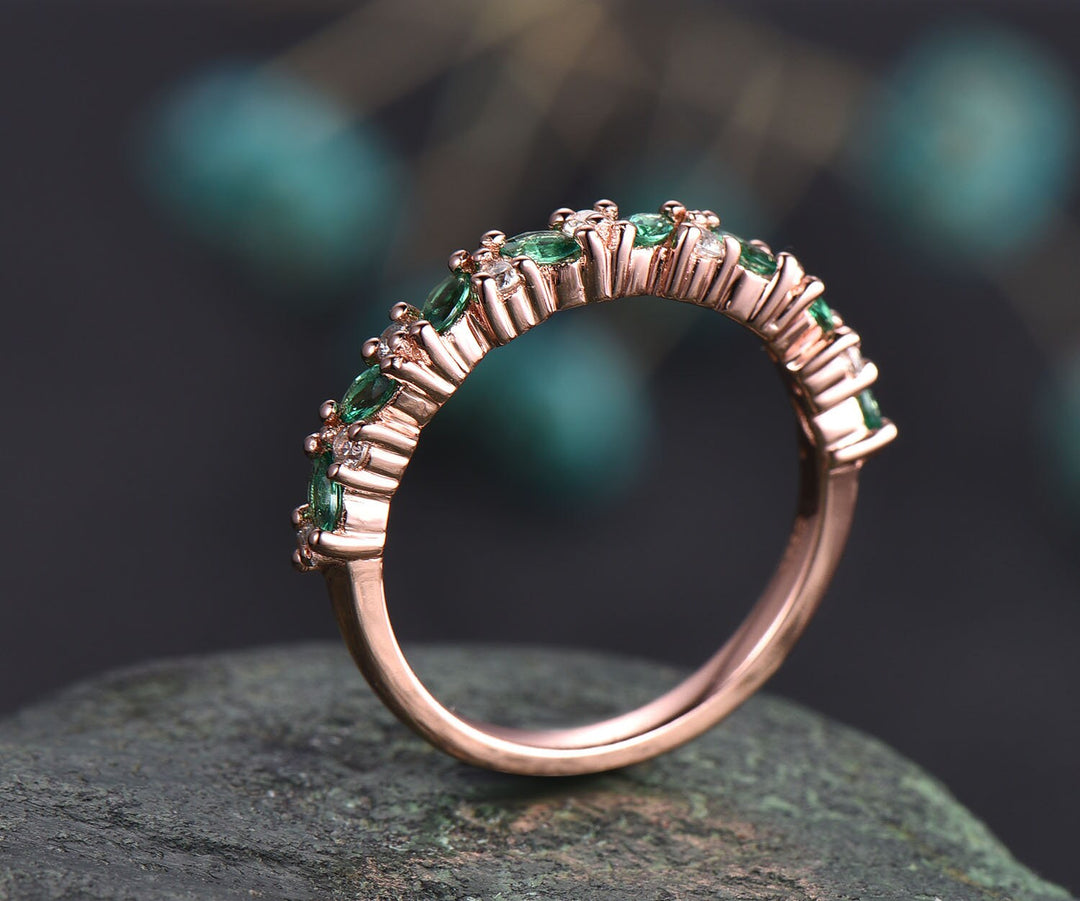 Marquise emerald ring for women vintage solid 14k rose gold ring dainty jewelry moissanite wedding ring emerald wedding band bridal ring