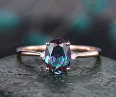 Oval cut Alexandrite engagement ring rose gold three stone engagement ring real diamond ring Alexandrite ring gold vintage gift for her