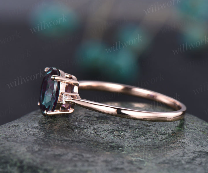 Oval cut Alexandrite engagement ring rose gold three stone engagement ring real diamond ring Alexandrite ring gold vintage gift for her