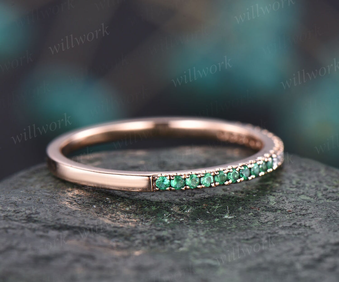 Vintage natural emerald ring for women rose gold ring unique emerald wedding band diamond wedding ring band birthday gift anniversary ring