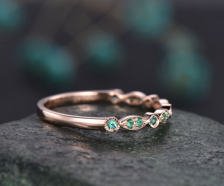 Natural emerald ring vintage art deco half eternity natural emerald wedding band for women solid 14k rose gold ring emerald jewelry gift
