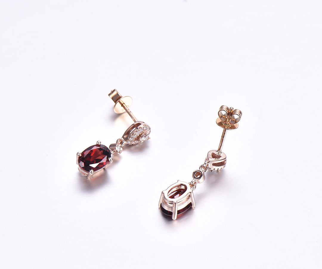 Vintage 1ct oval ganet earrings solid 14k rose gold ring real diamond Earrings women garnet jewelry gift her January birthstone earrings