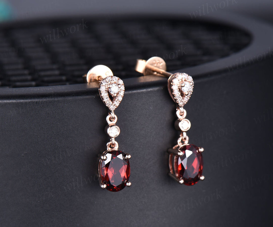 Vintage 1ct oval ganet earrings solid 14k rose gold ring real diamond Earrings women garnet jewelry gift her January birthstone earrings