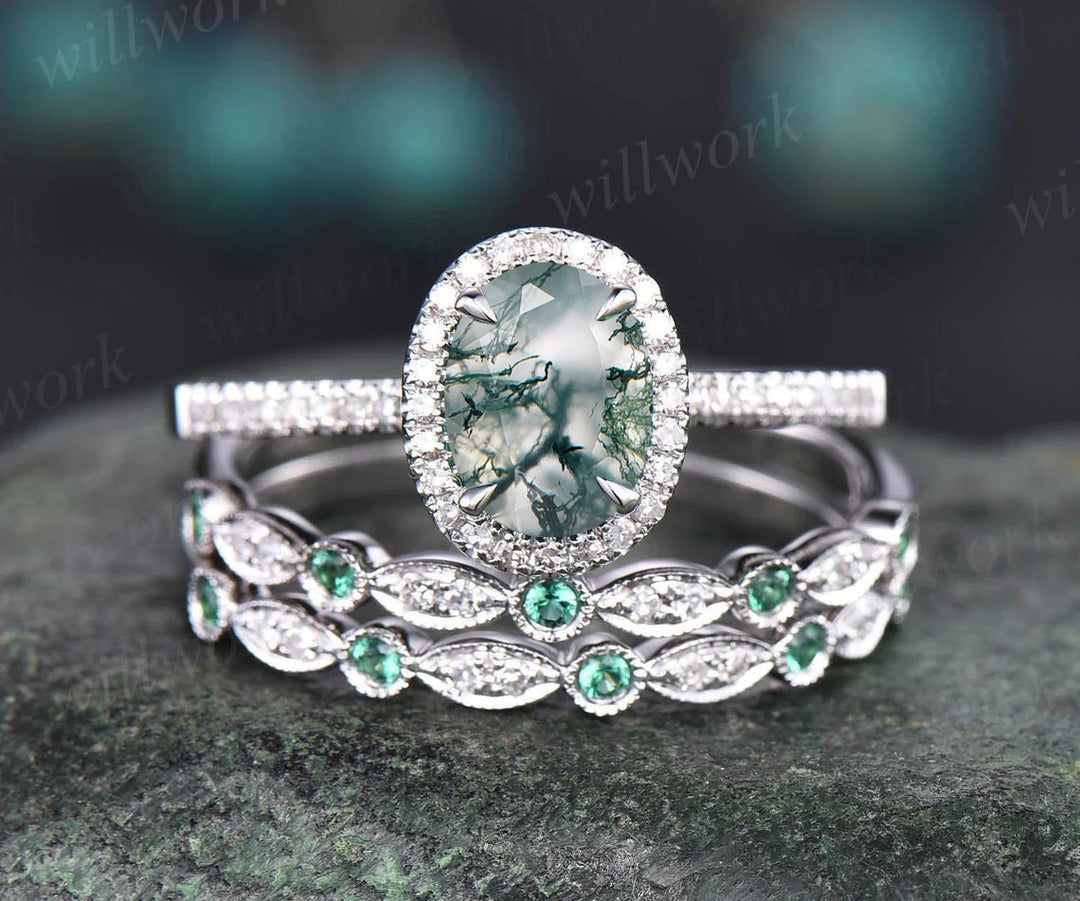 Unique Bridal Ring Set Oval Cut Moss Agate Engagement Ring Set Vintage  Moissanite Ring Set White Gold Women Cluster Marquise Ring Jewelry -   Canada