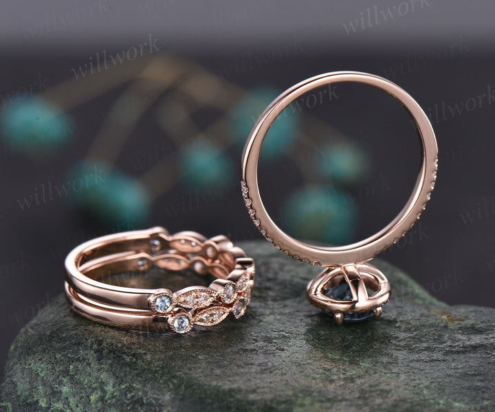 Oval cut aquamarine engagement ring set art deco diamond ring set rose gold halo marquise ring vintage topaz ring set March birthstone ring