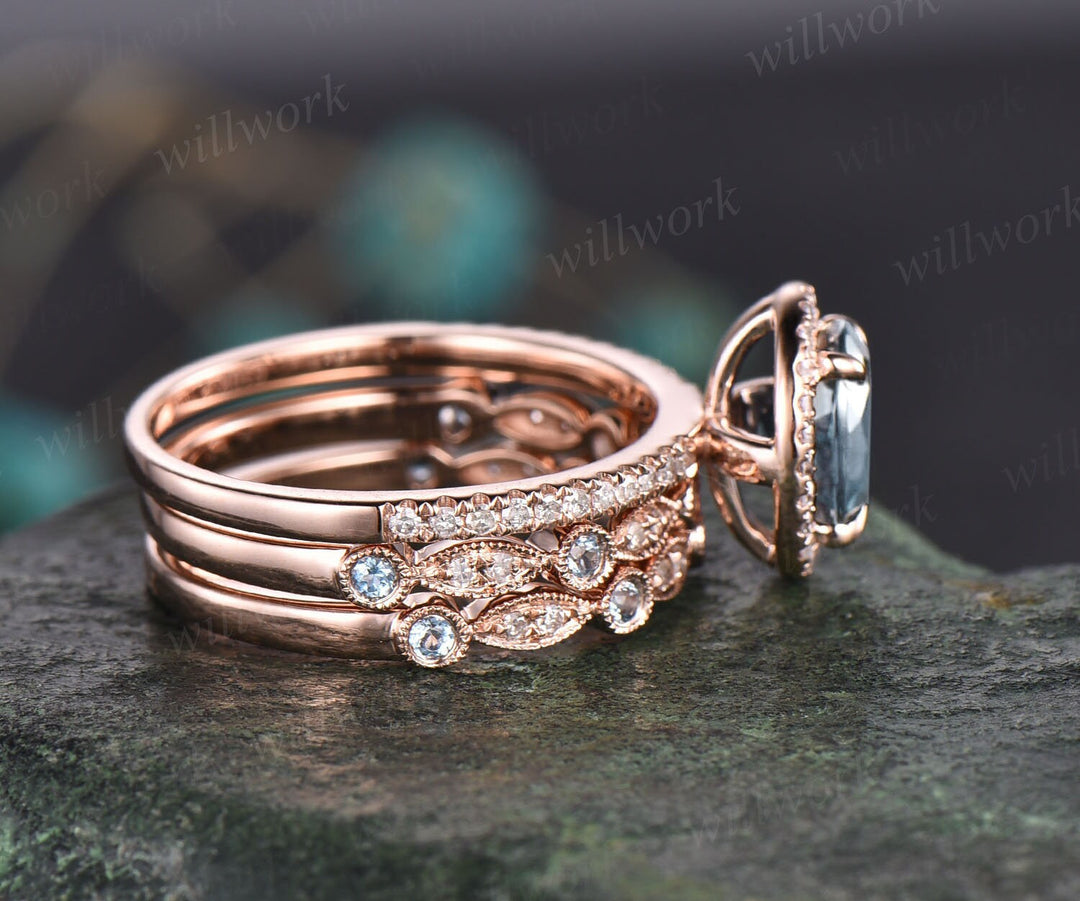 Oval cut aquamarine engagement ring set art deco diamond ring set rose gold halo marquise ring vintage topaz ring set March birthstone ring