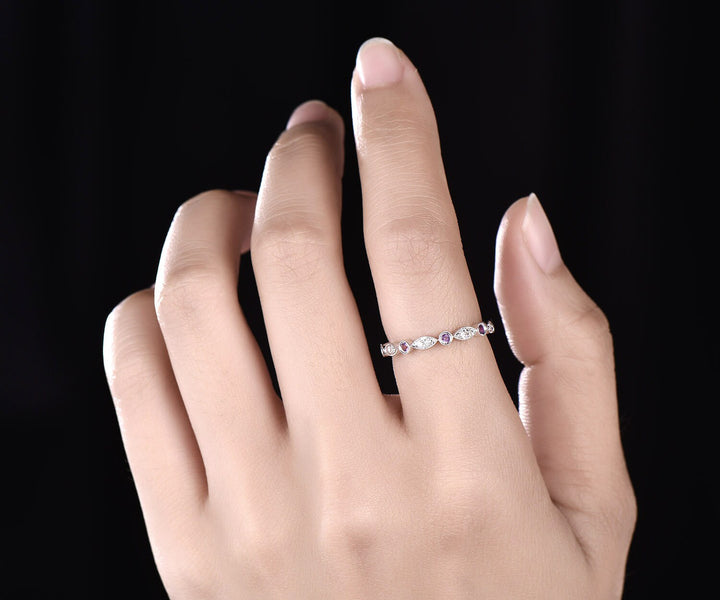 Full eternity amethyst wedding ring art deco diamond wedding band marquise ring 14k white gold ring custom jewelry milgrain wedding band