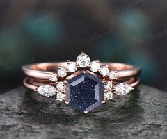 Hexagon blue sandstone ring set vintage engagement ring set art deco ring women 7 stone moissanite wedding ring set