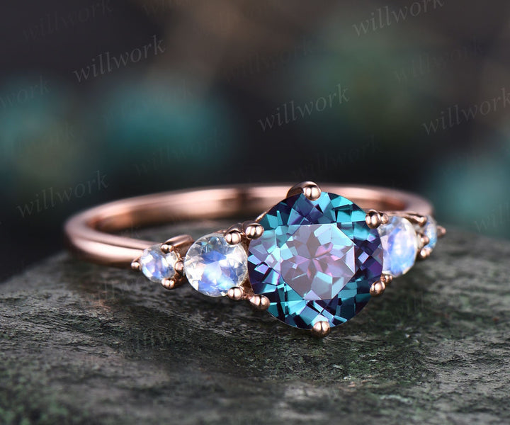 Payment order for Custom order round Alexandrite engagement ring five stone moonstone ring with platinum ring size 8