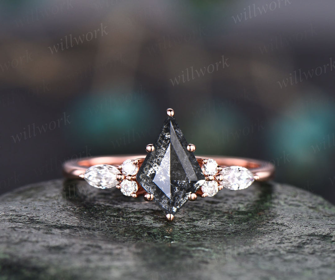 Vintage kite cut salt and pepper diamond engagement ring set unique bridal wedding ring set