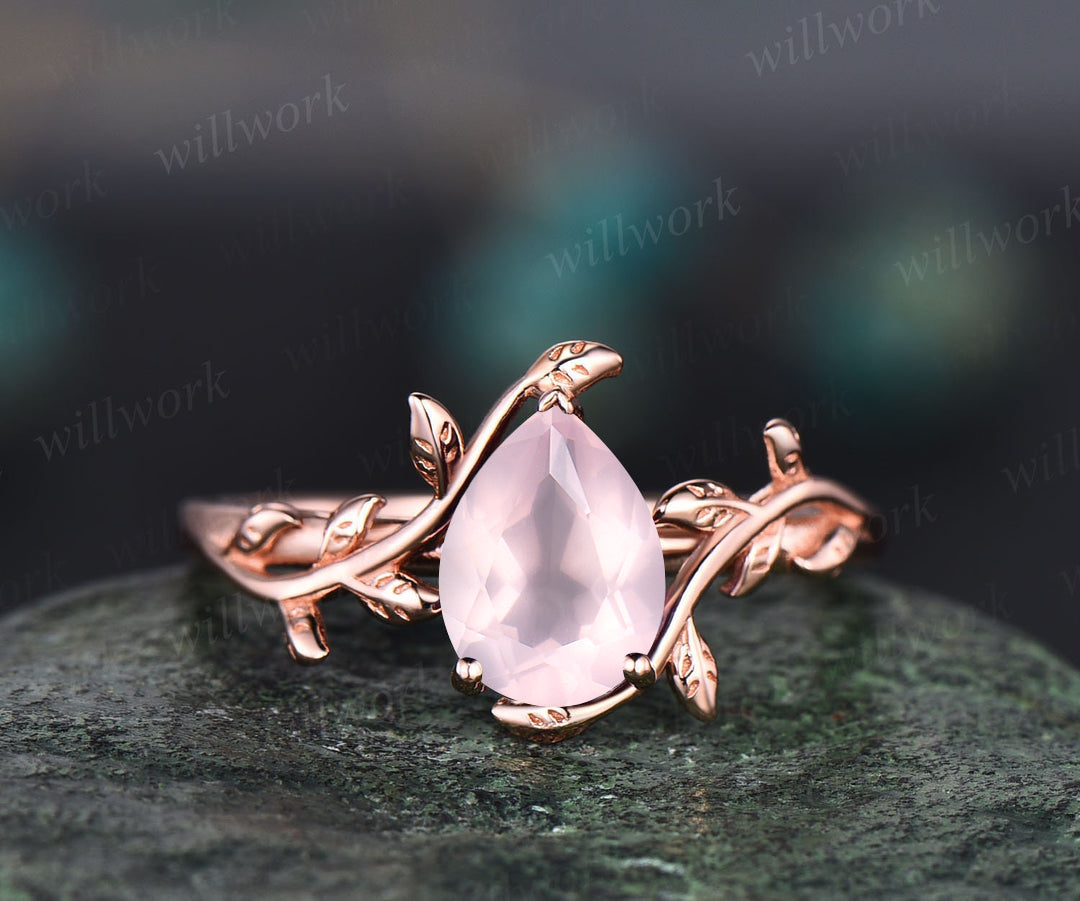 READY TO SHIP: Pear Rose Quartz Engagement Ring - Silver Rose Plated - Ring Size: 7.5 US