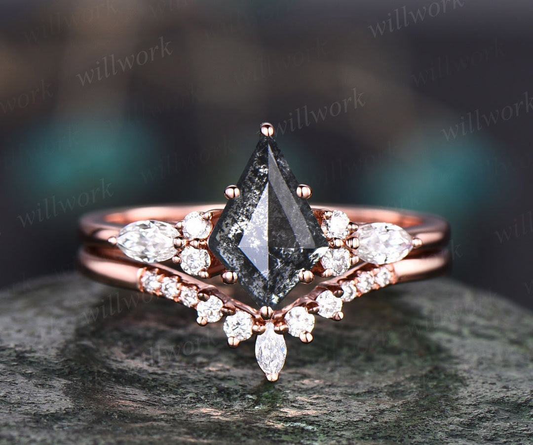 Vintage kite cut salt and pepper diamond engagement ring set unique bridal wedding ring set