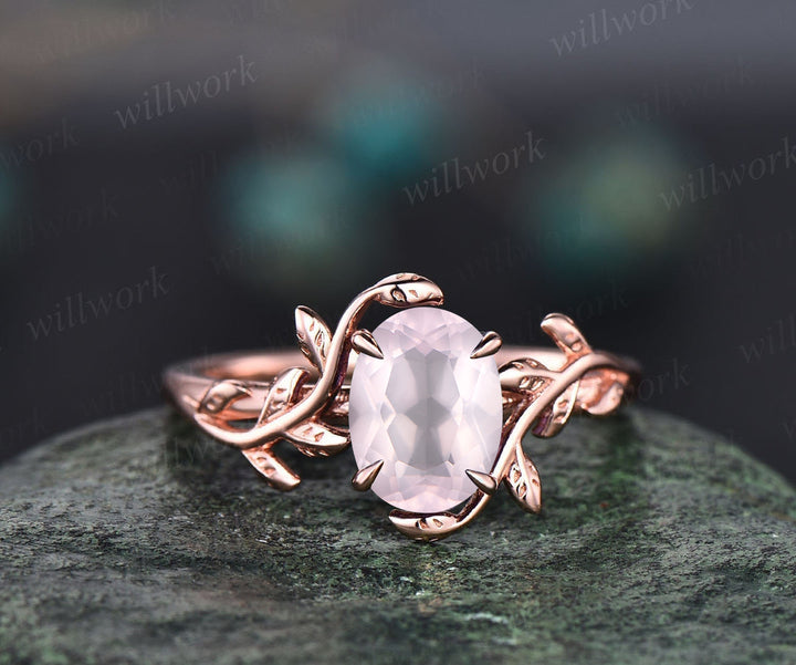 READY TO SHIP: Oval Rose Quartz Engagement Ring - Silver Rose Plated - Ring Size: 6 US